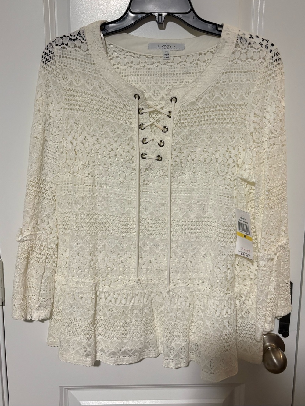 Fever Ivory Lace-Up Lace Blouse Size M NWT